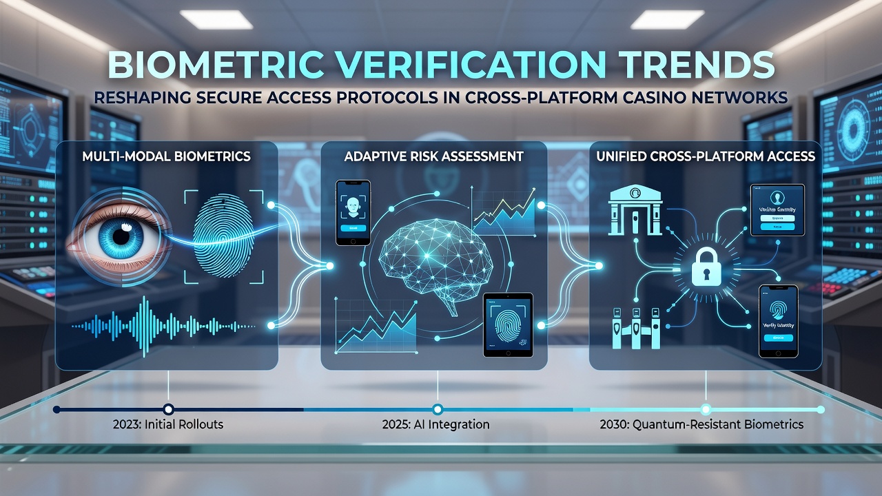 Network diagram illustrating encrypted biometric data flow between desktop, mobile, and tablet casino platforms