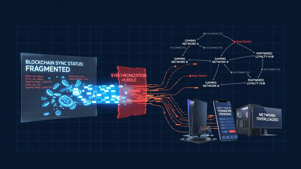 Blockchain network visualization showing data flow between multiple gaming devices during high-traffic periods