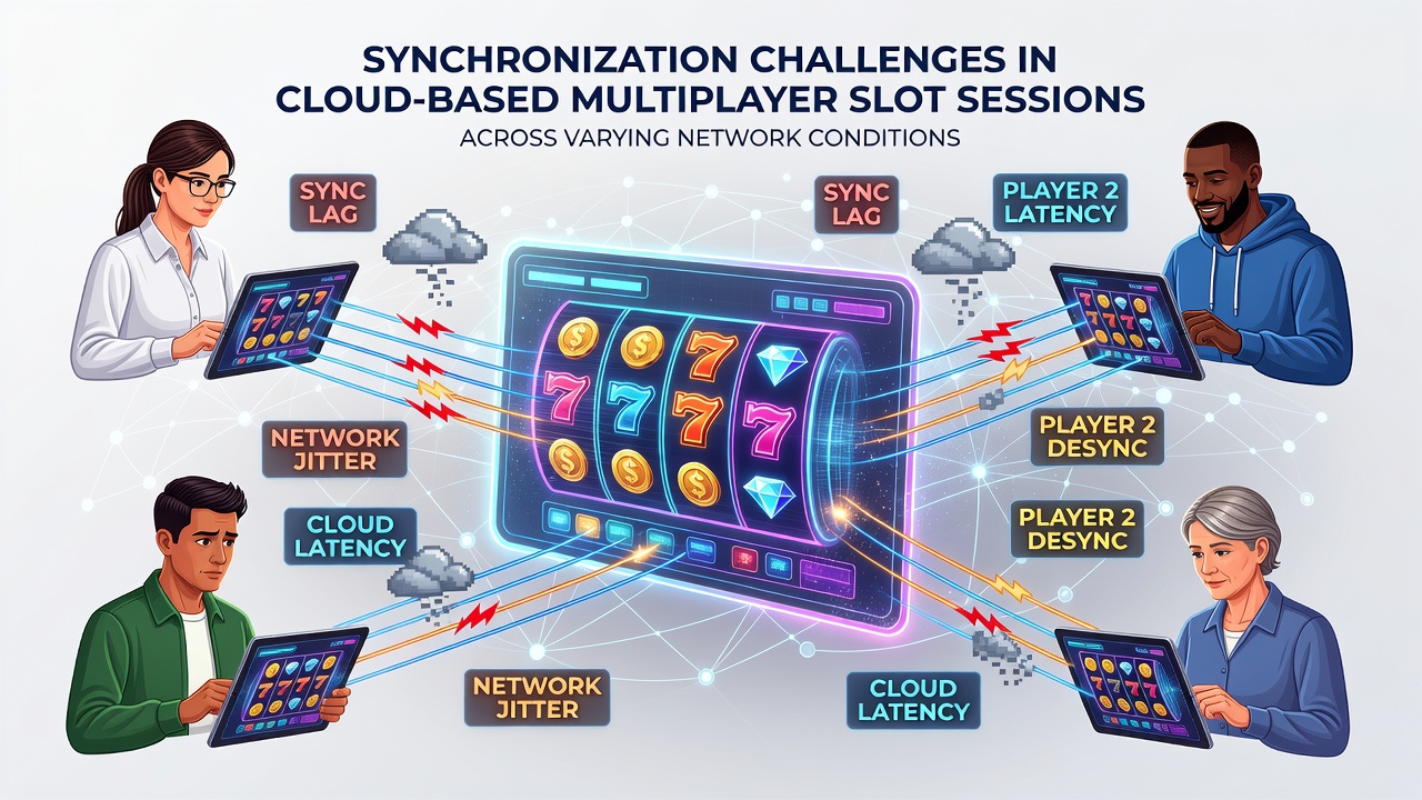 Diagram illustrating cloud server architecture handling multiple player connections in multiplayer slot environments with network variability indicators