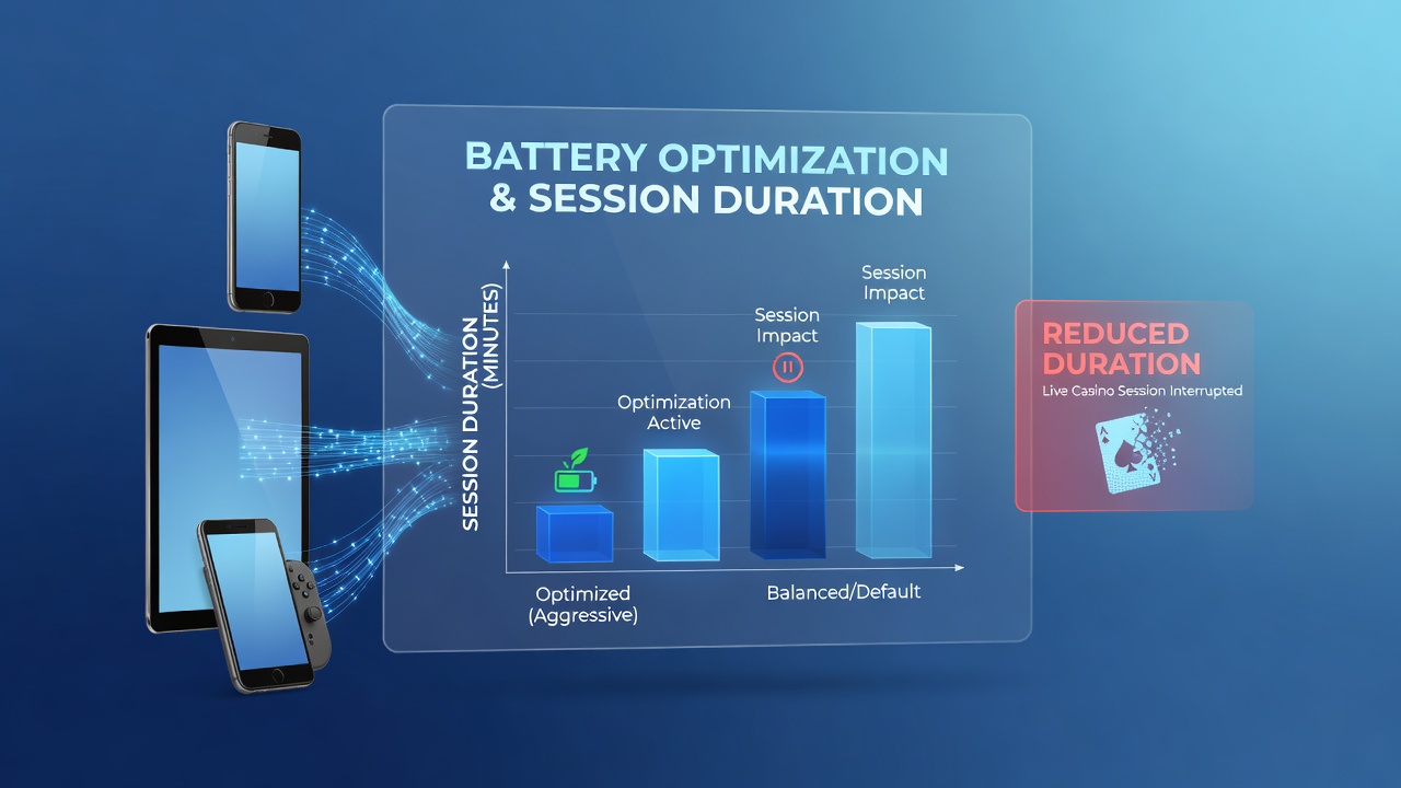 Mobile device screen showing battery optimization settings alongside a live casino interface