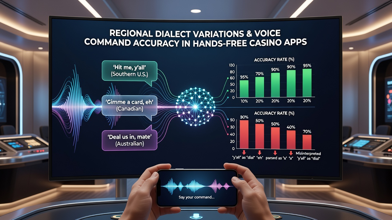 Hands-free casino app interface displaying voice command activation with regional accent indicators on a mobile device