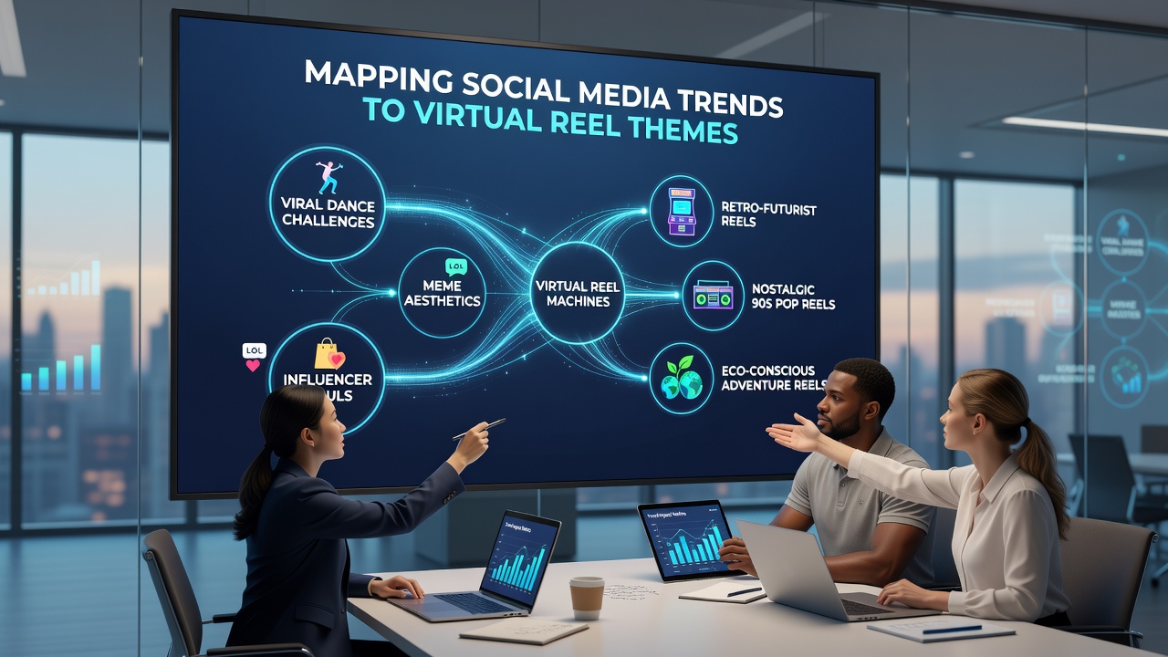 Development team reviewing social media trend reports alongside virtual reel machine prototype artwork during theme finalization meeting
